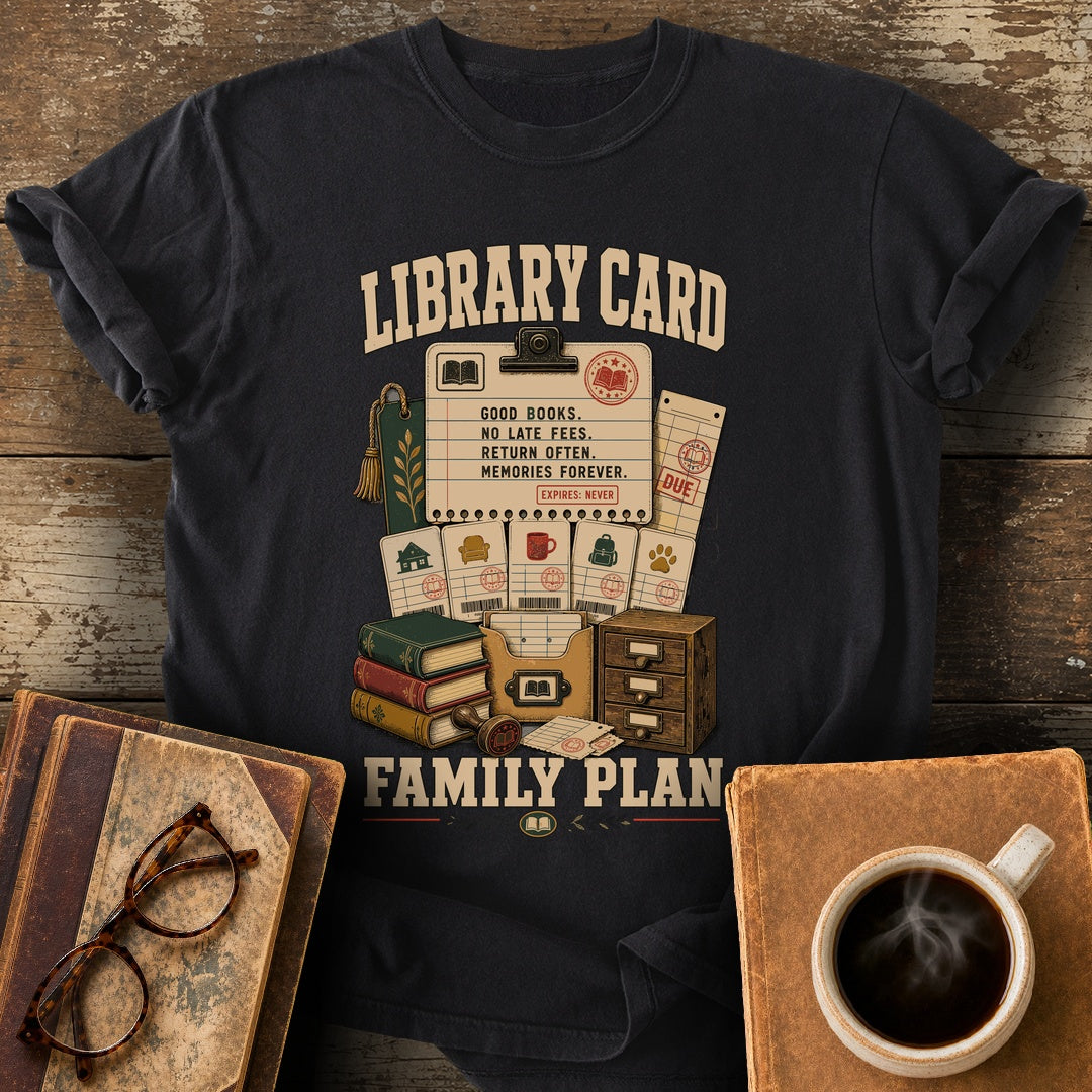 Library Card Family Plan Tee - black shirt mockup